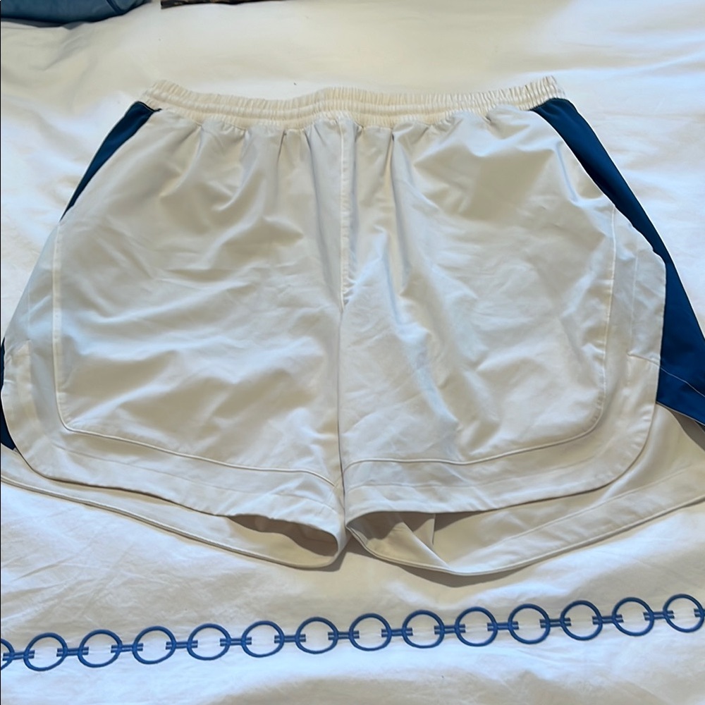 Peloton White and Blue Athletic Shorts with Elastic Waistband